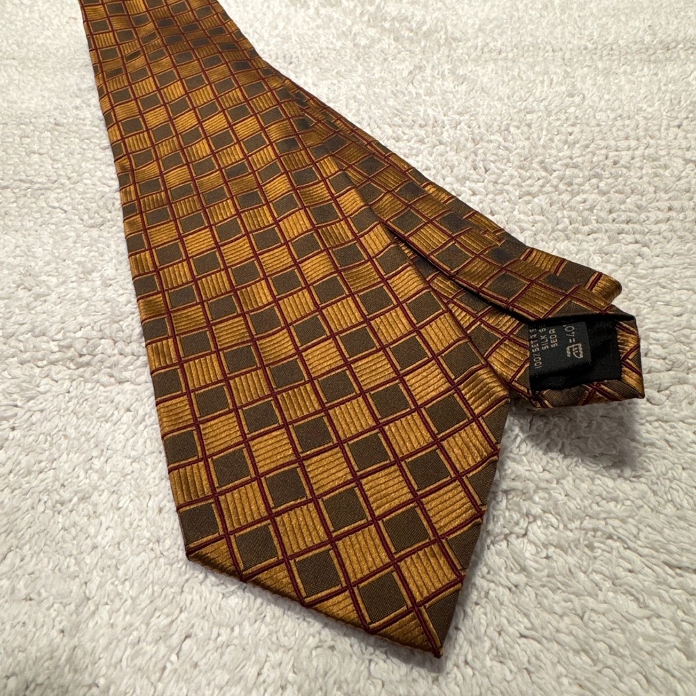 Ermenegildo Zegna Tie Brown Gold Check Square Windowpane Jacquard Textured Silk